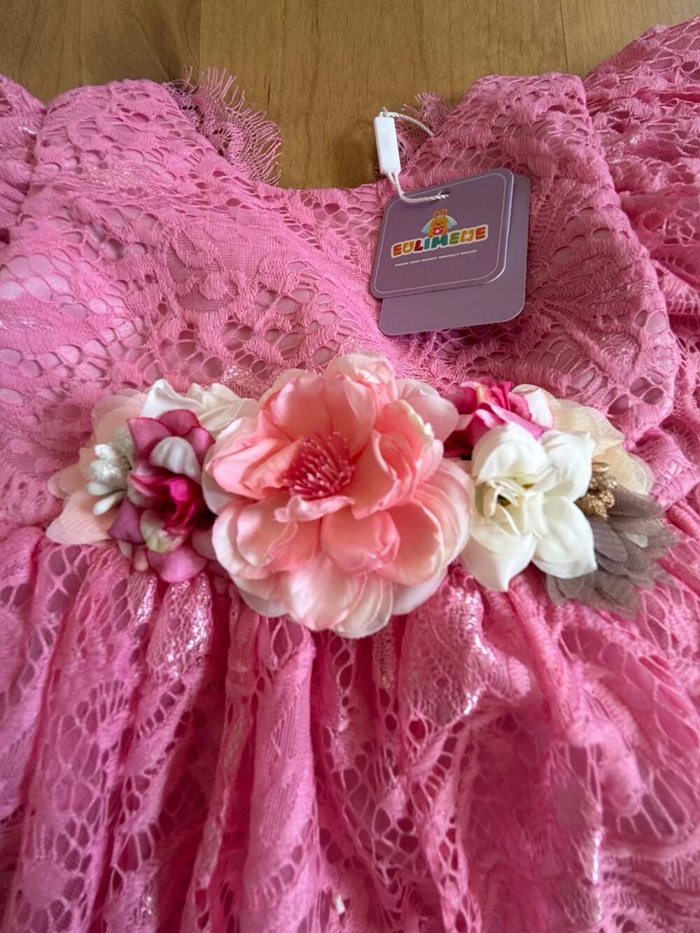 Eulimere Pink Lace Dress Floral Sash New (12-18 Months)